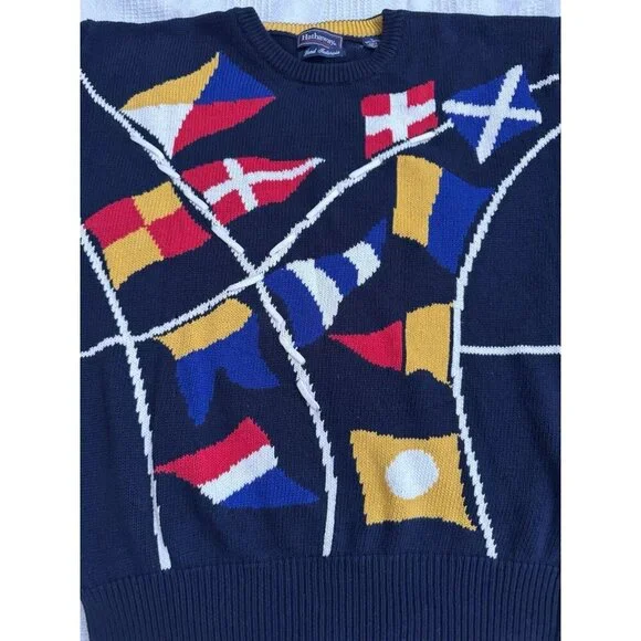 Hathaway Hand Intarsia Sweater Mens L Navy Golf Flags Vintage Cotton Grandpa 46” - Picture 4 of 7
